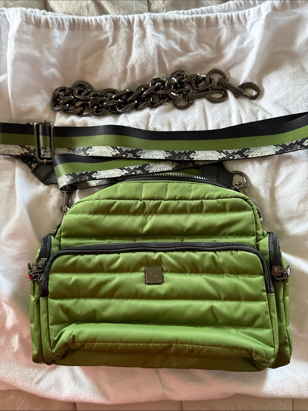 THINK ROYLN Moss Green Trinity Quilted Crossbody with Two Detachable Straps